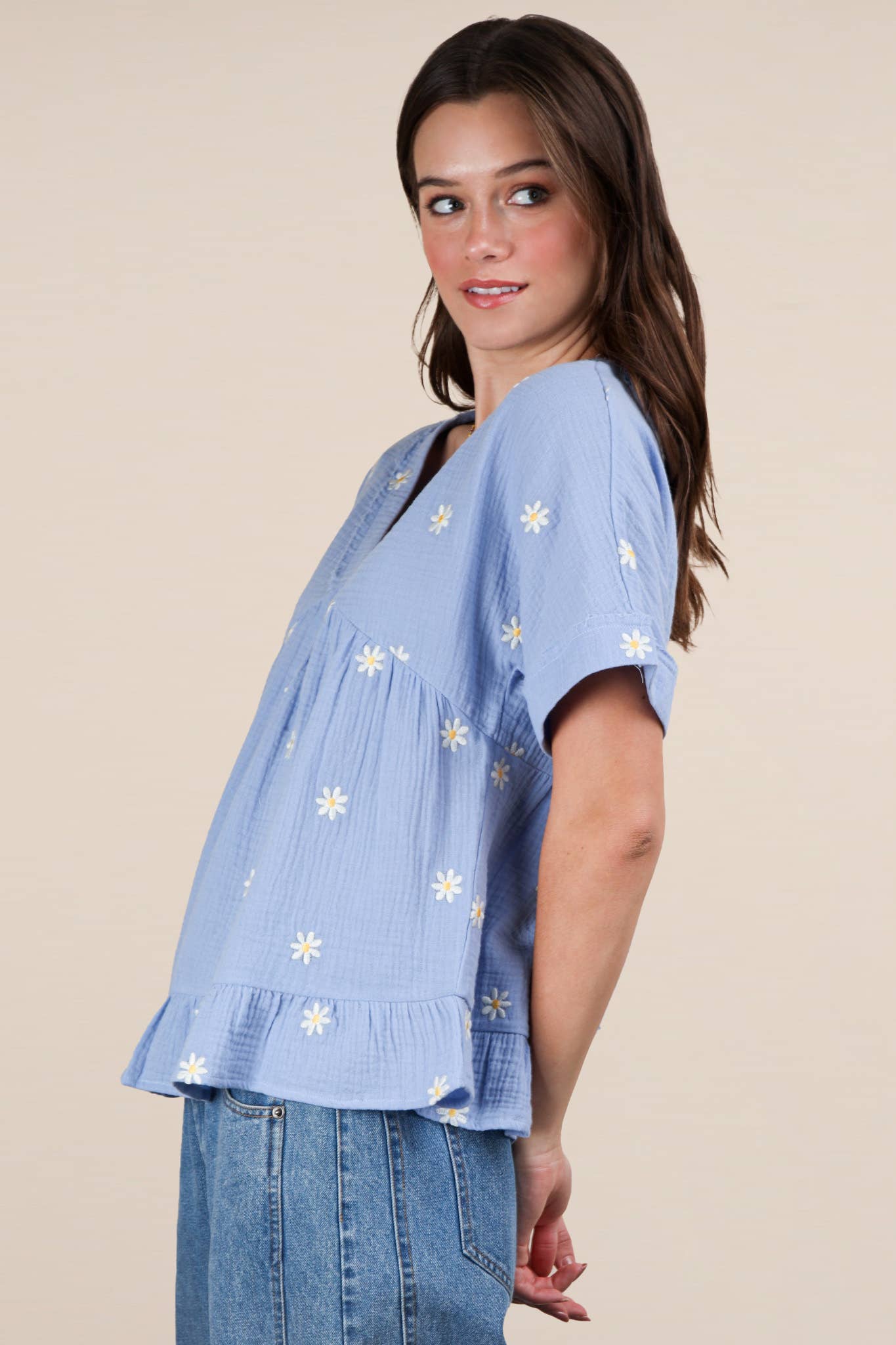 Flower Embroidered Woven Blouse Top