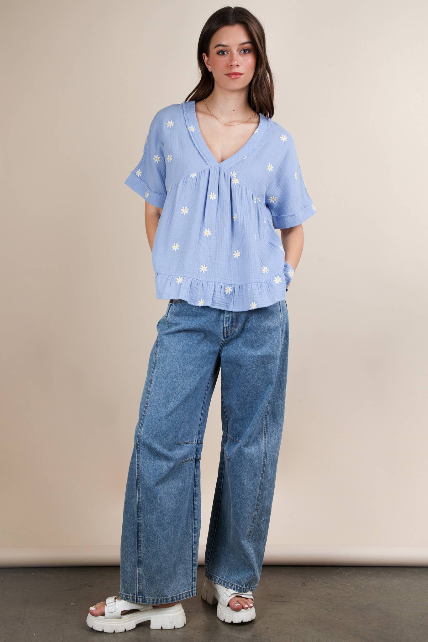 Flower Embroidered Woven Blouse Top