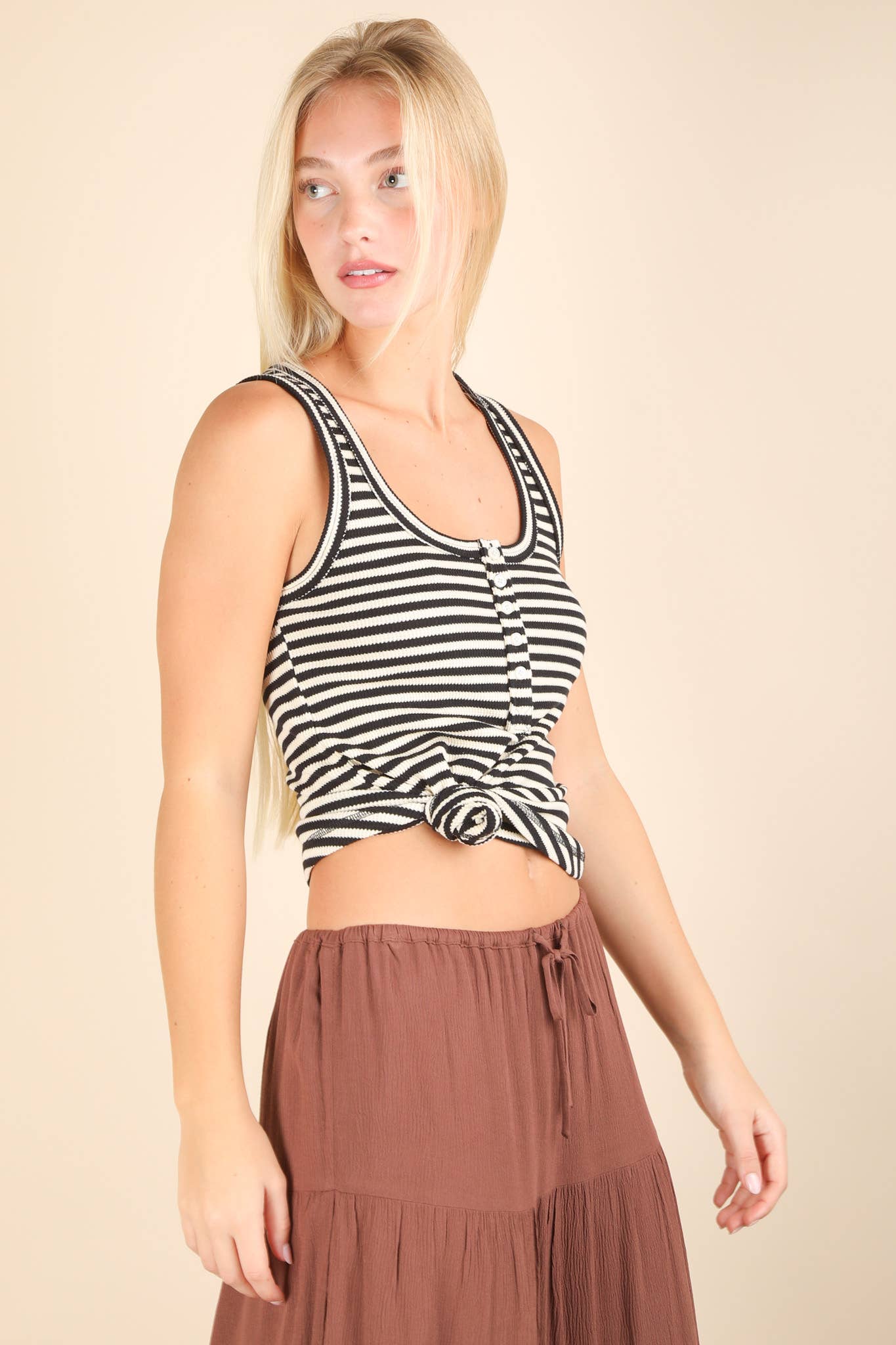 Solid Button Down Fitted Knit Tank Top