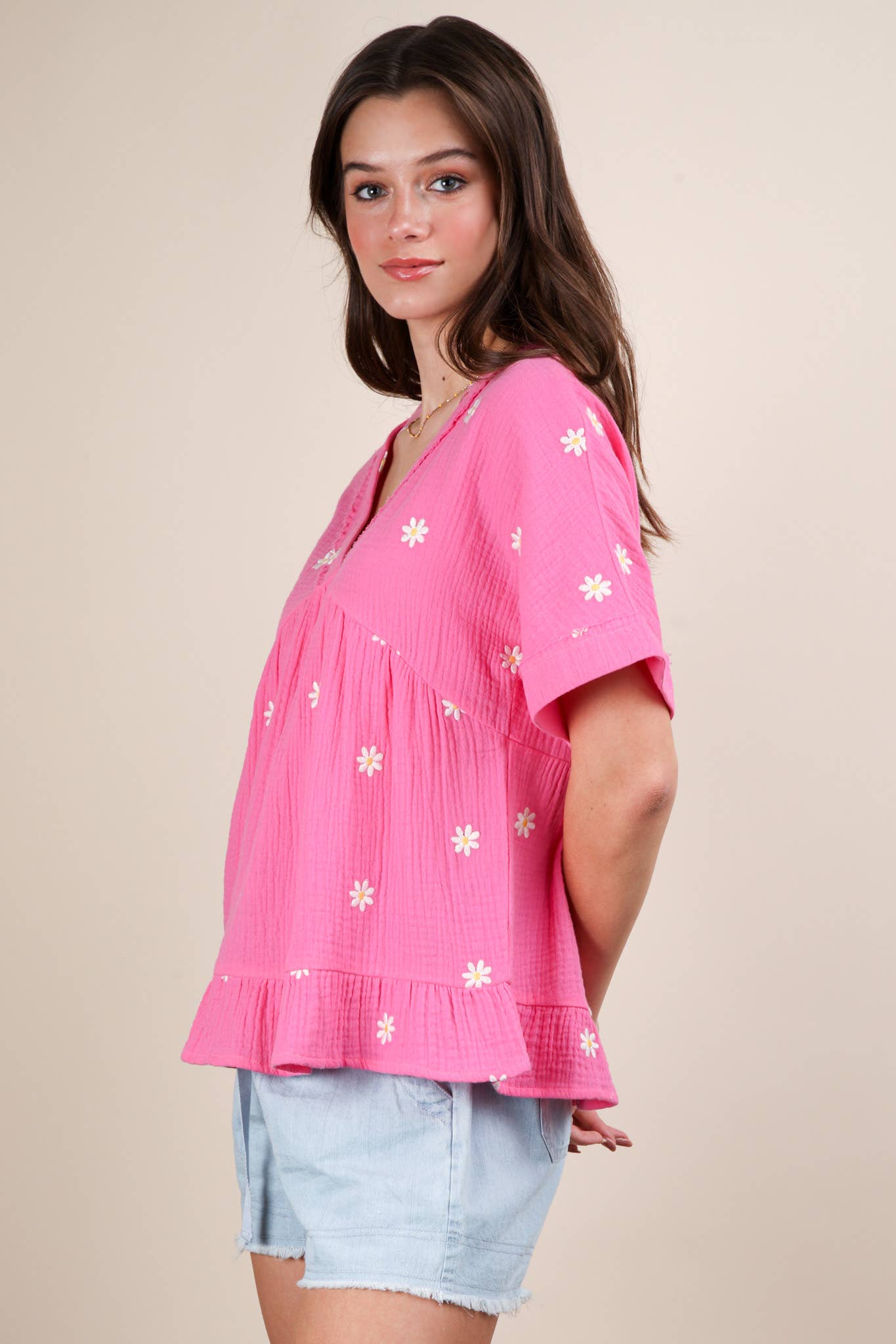 Flower Embroidered Woven Blouse Top