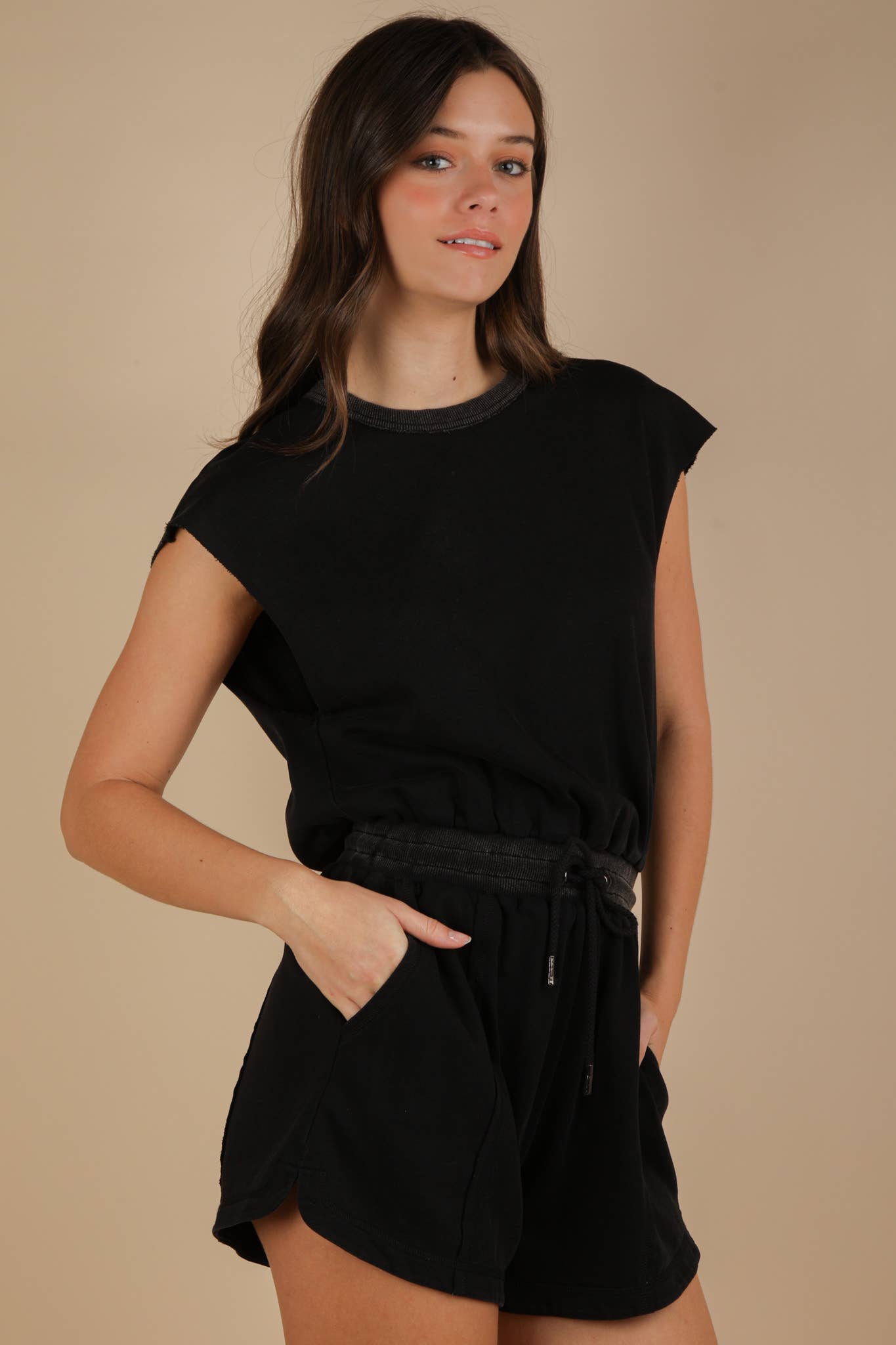 Washed Knit Romper w/ Cutout Back