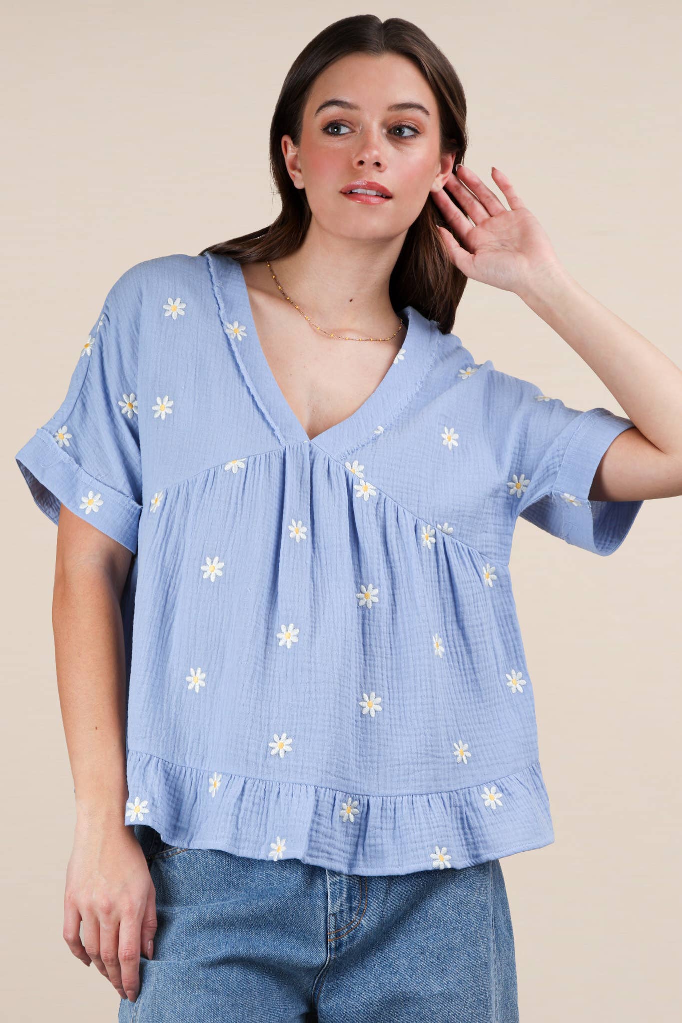 Flower Embroidered Woven Blouse Top