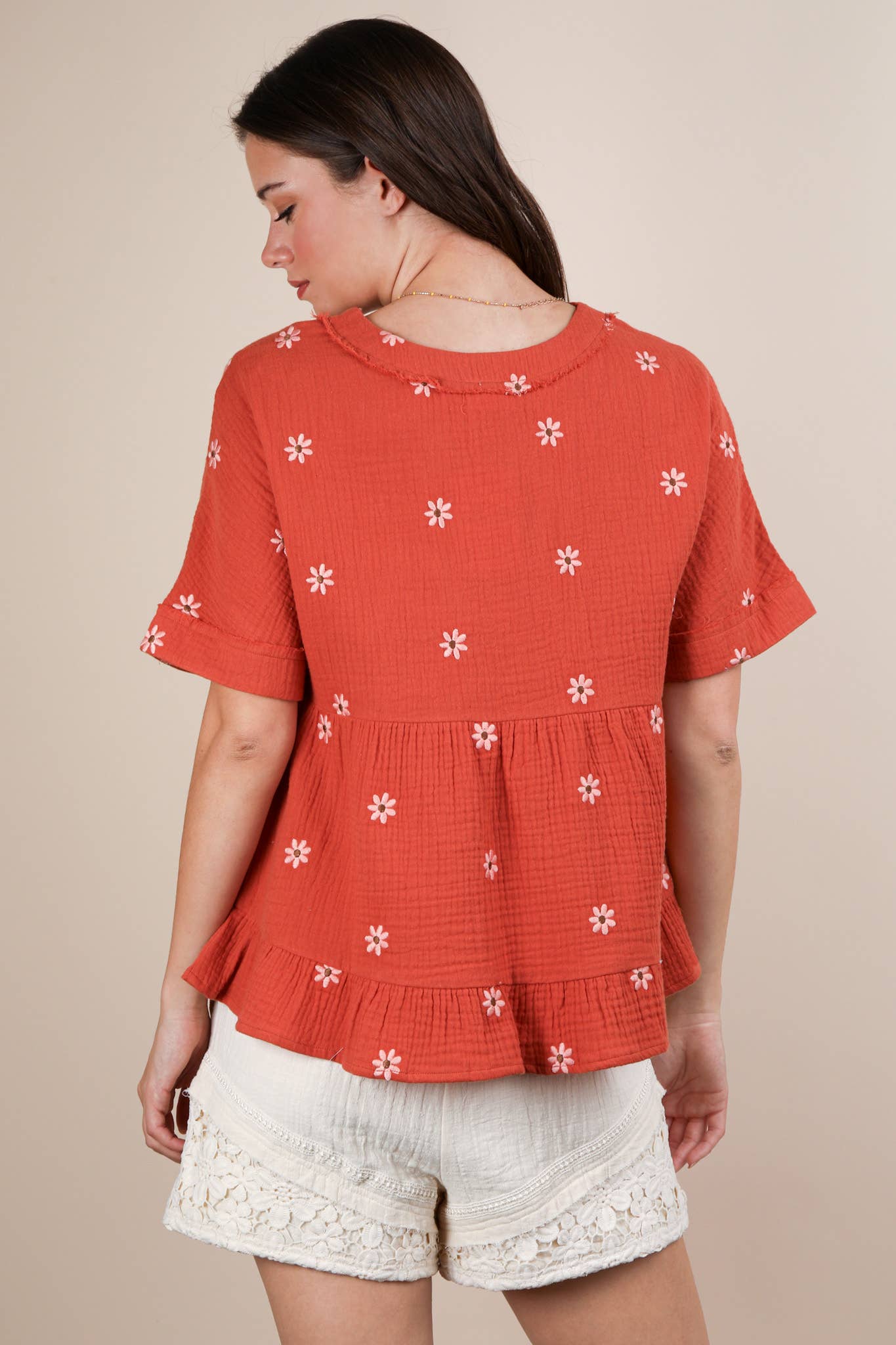 Flower Embroidered Woven Blouse Top