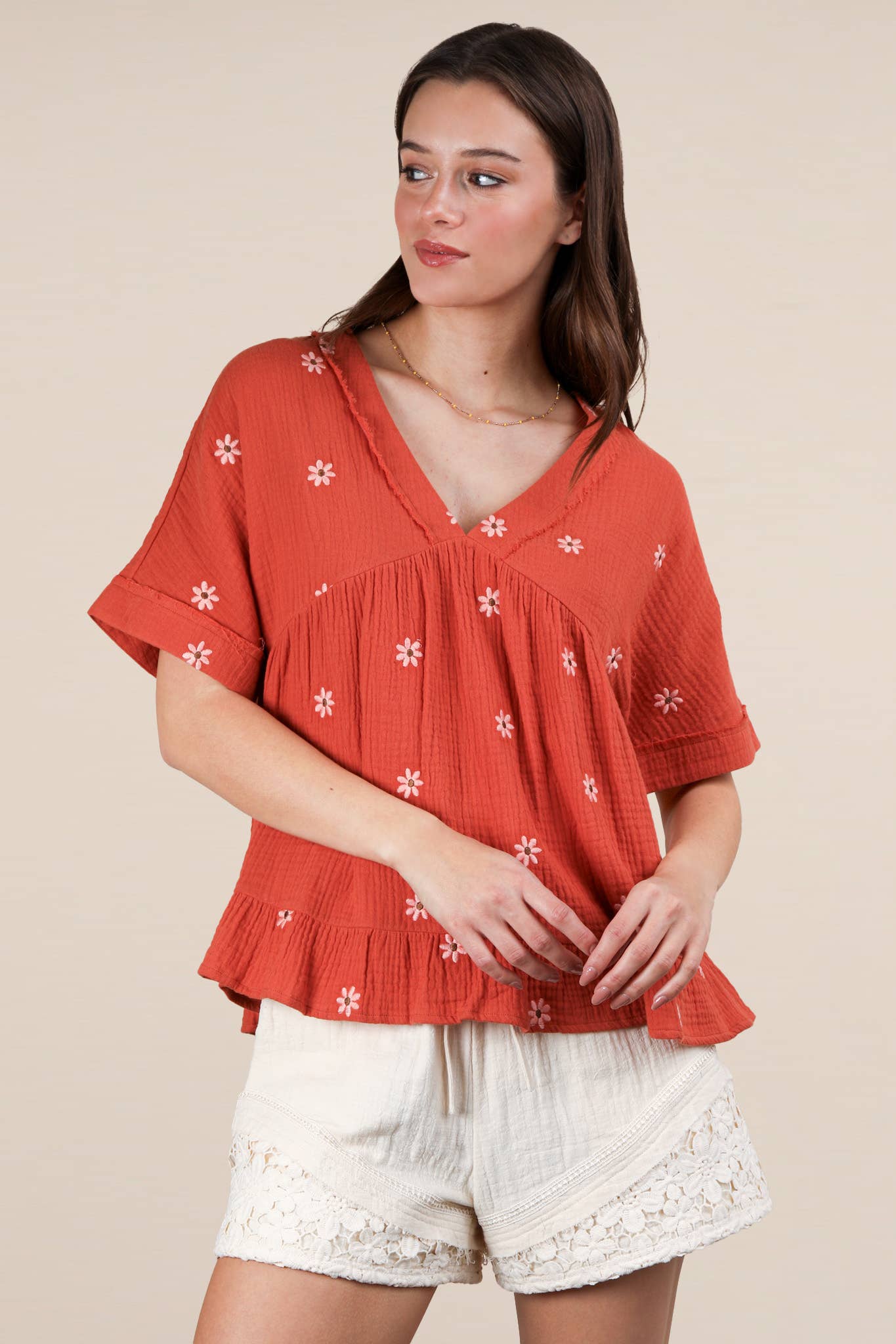 Flower Embroidered Woven Blouse Top
