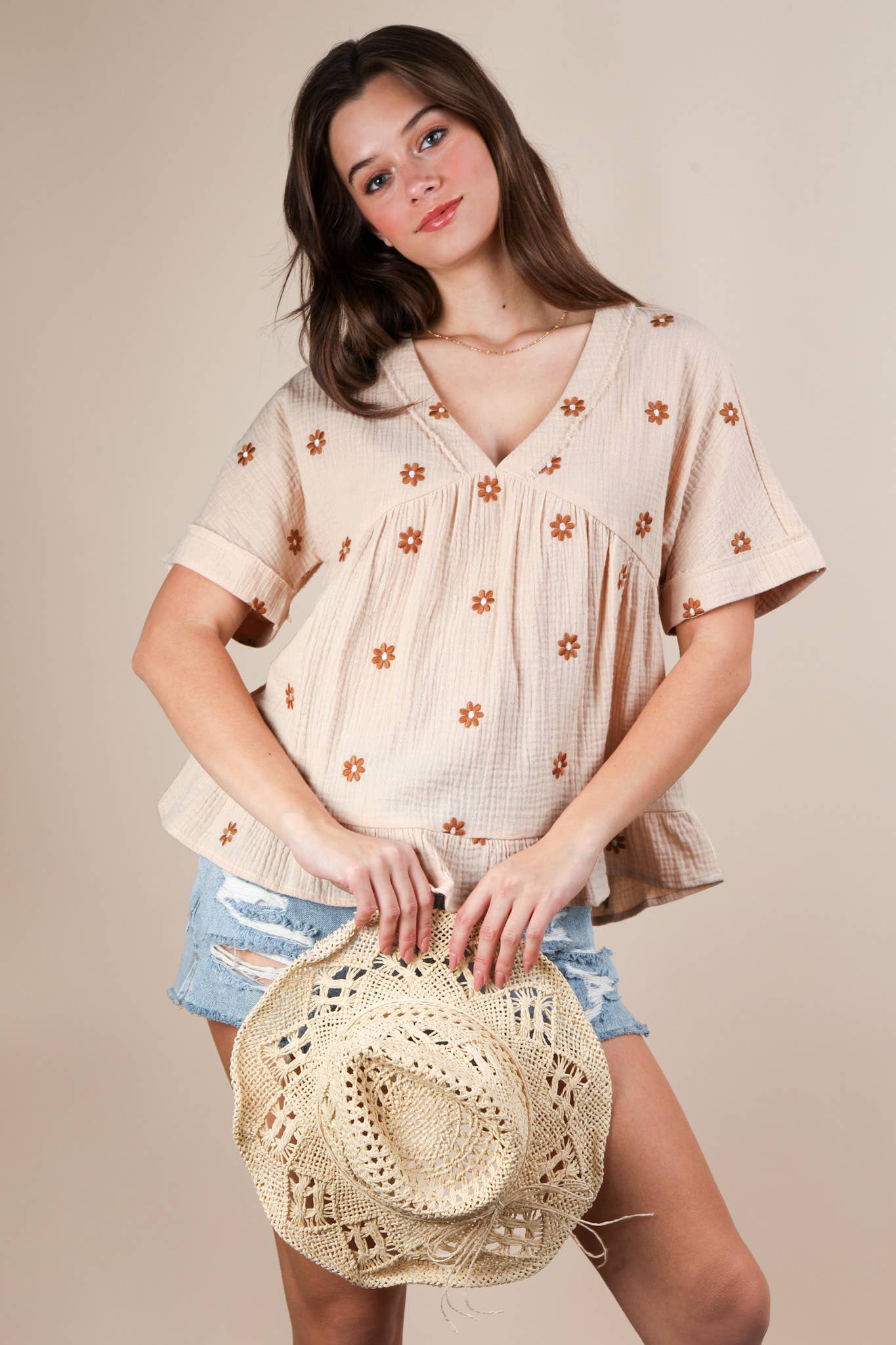 Flower Embroidered Woven Blouse Top
