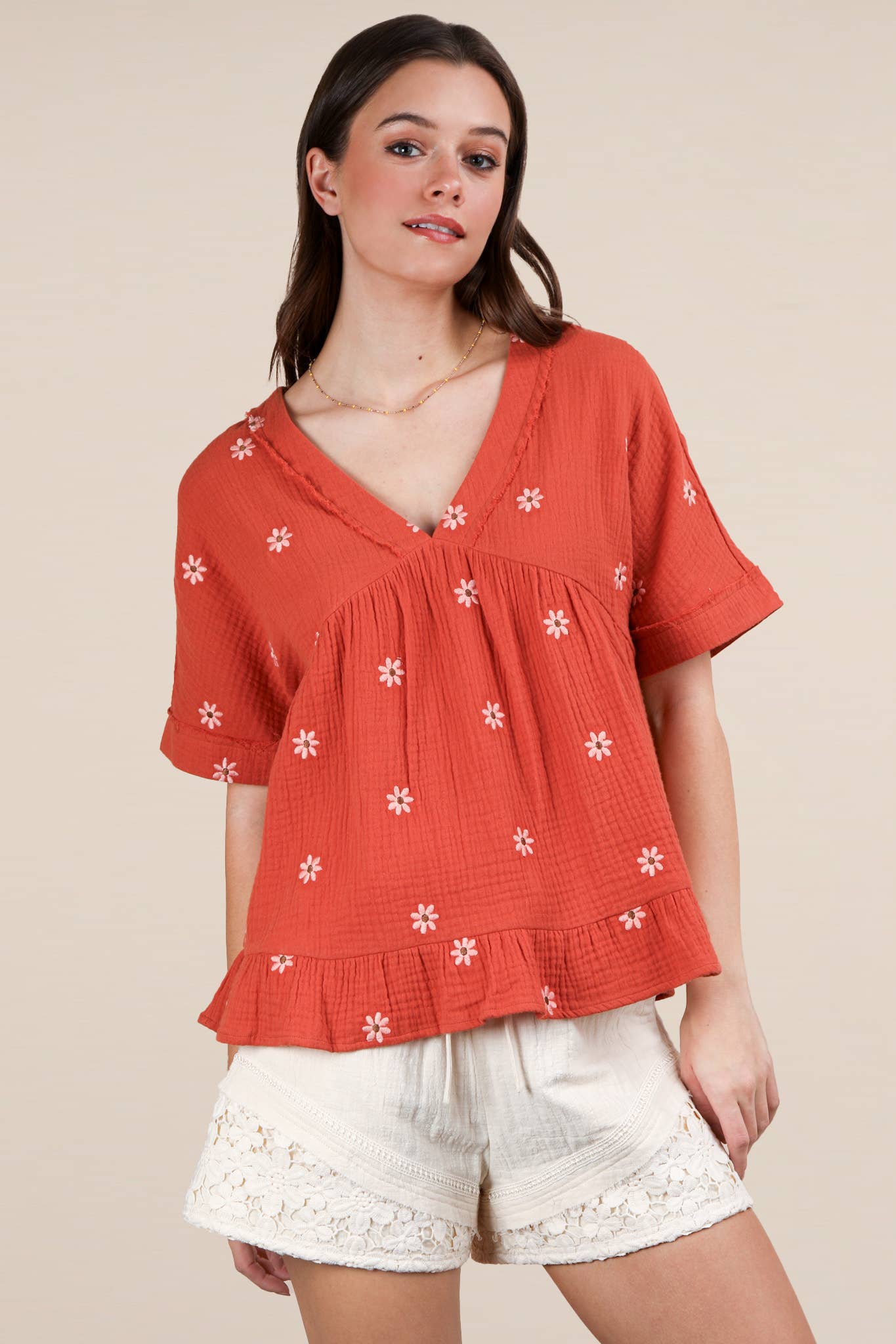 Flower Embroidered Woven Blouse Top