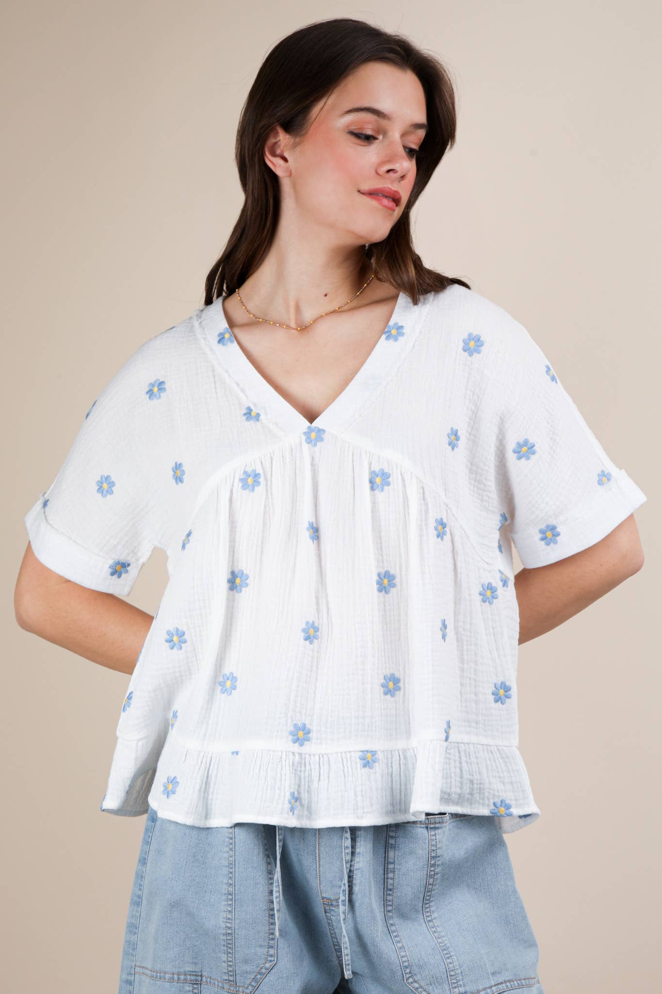Flower Embroidered Woven Blouse Top