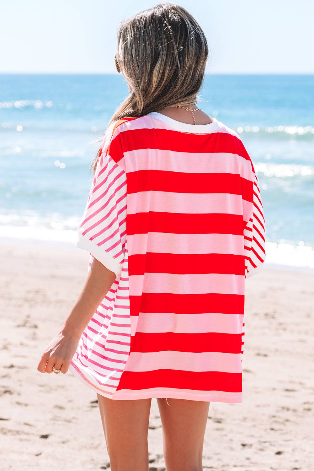 Stripe Patchwork Side Split Oversized T Shirt