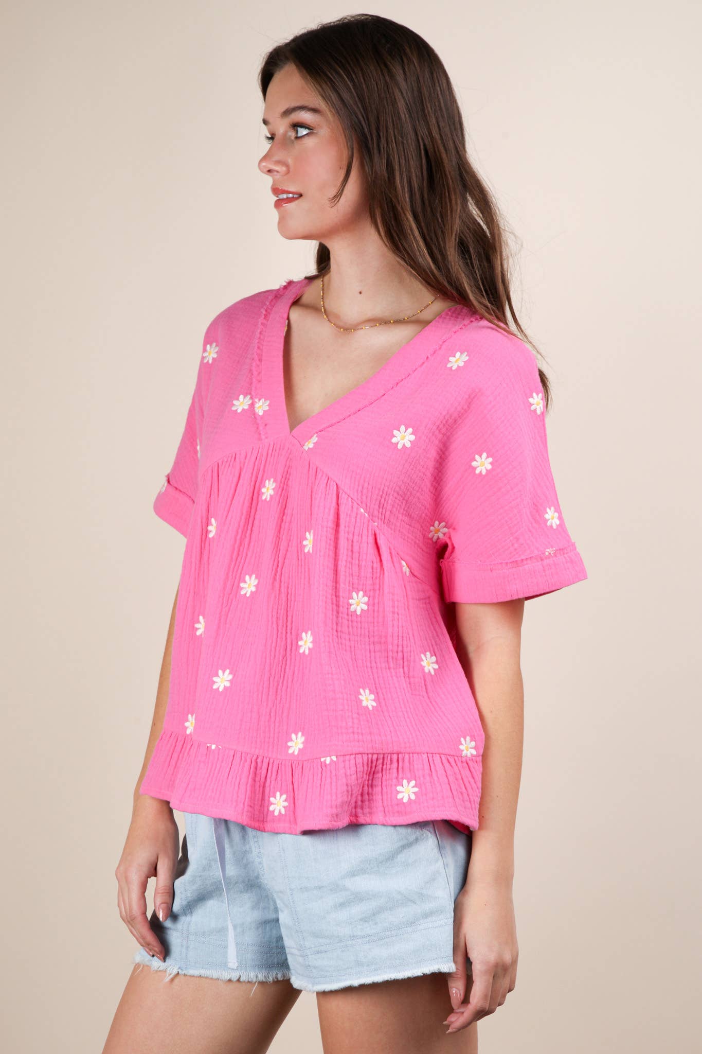 Flower Embroidered Woven Blouse Top