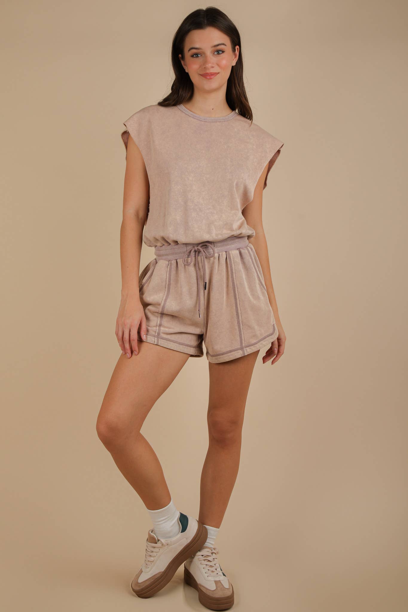 Washed Knit Romper w/ Cutout Back