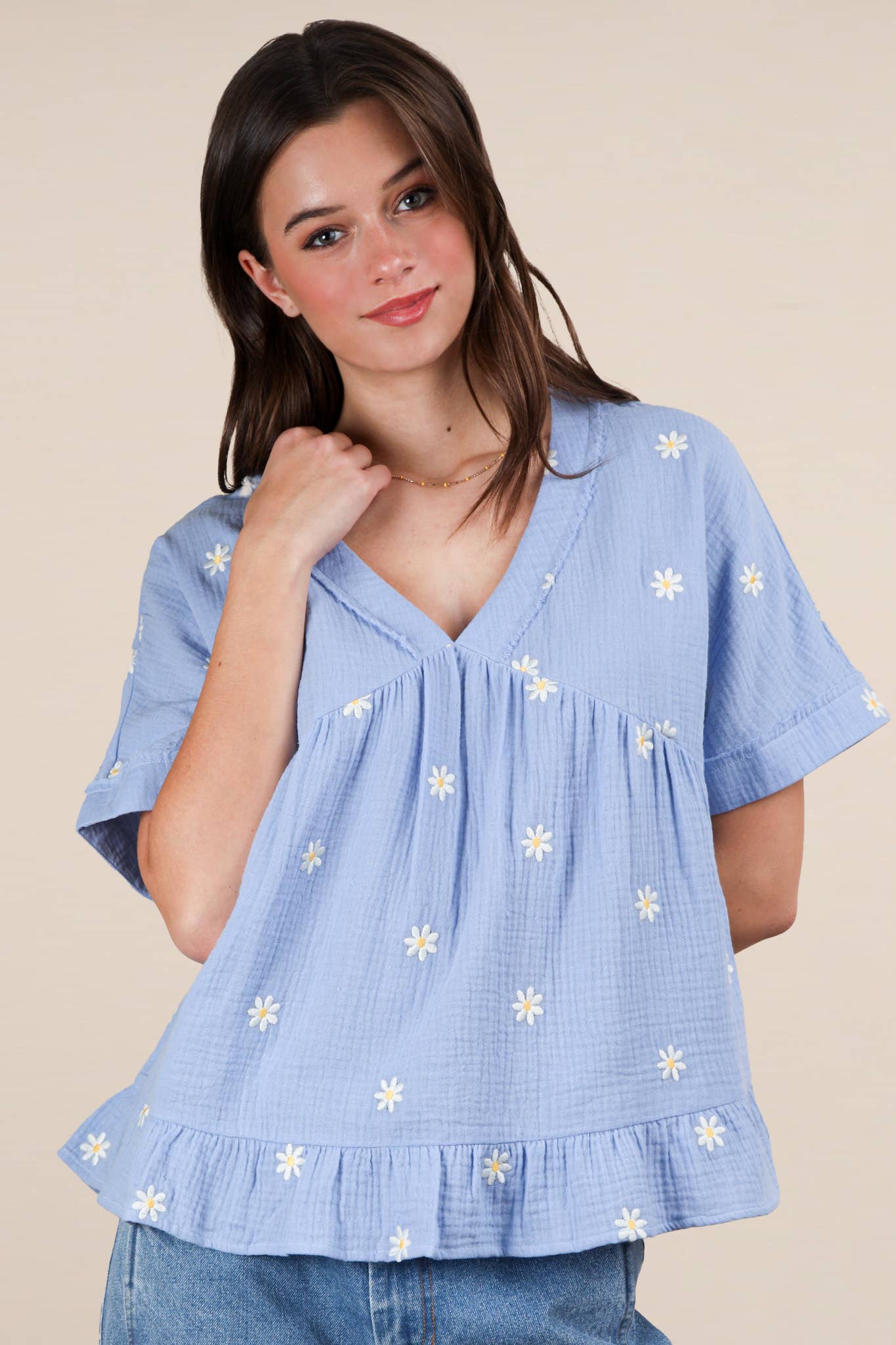 Flower Embroidered Woven Blouse Top
