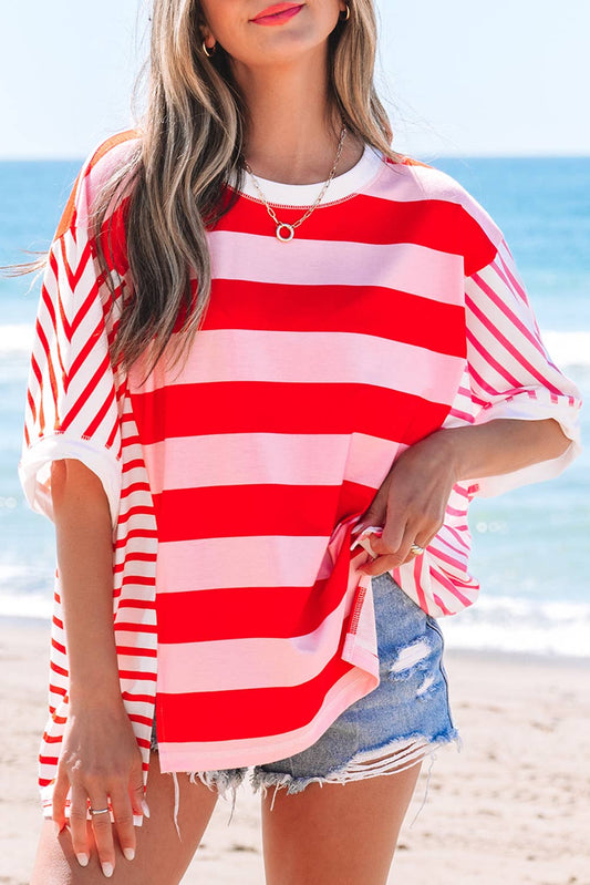 Stripe Patchwork Side Split Oversized T Shirt