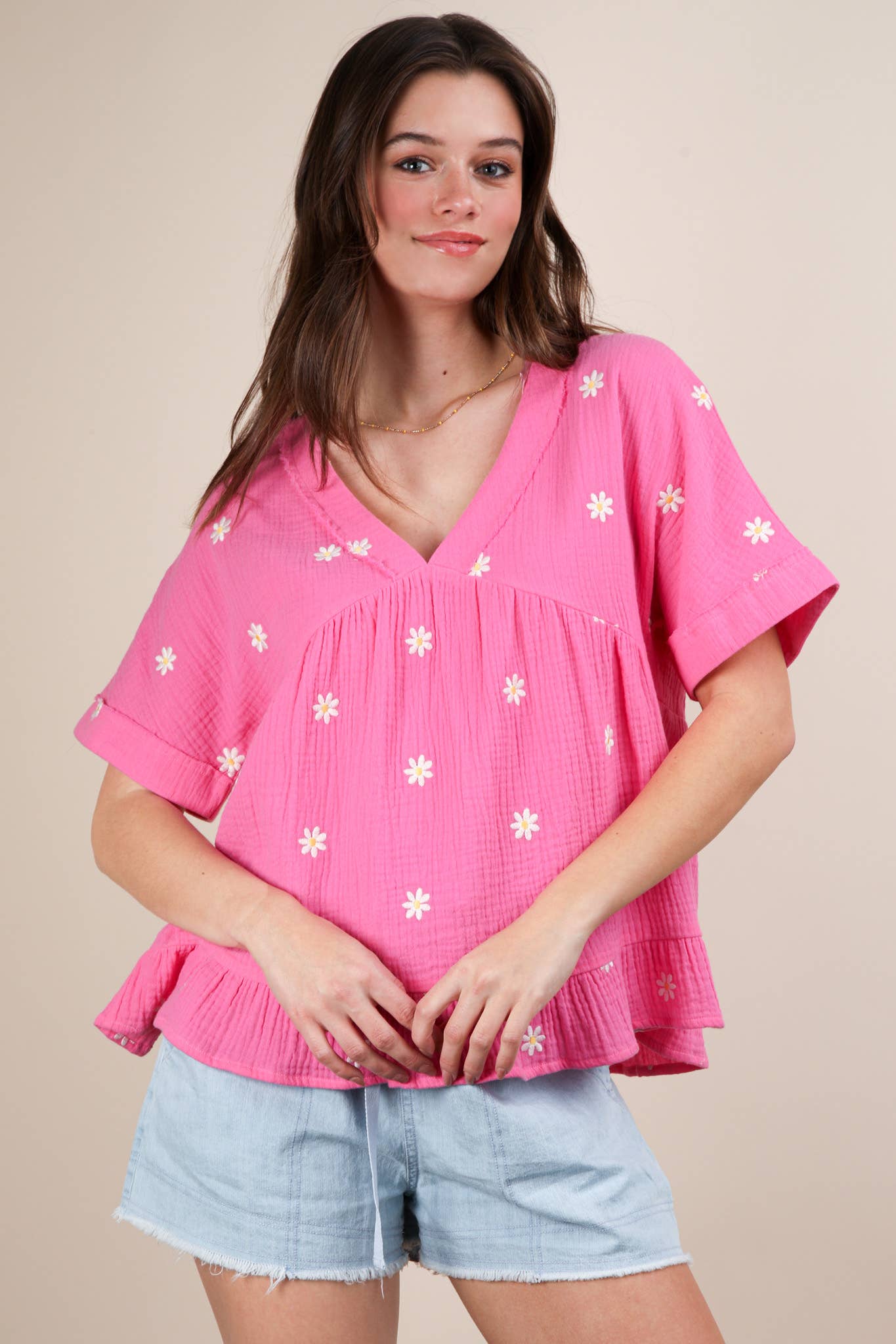 Flower Embroidered Woven Blouse Top