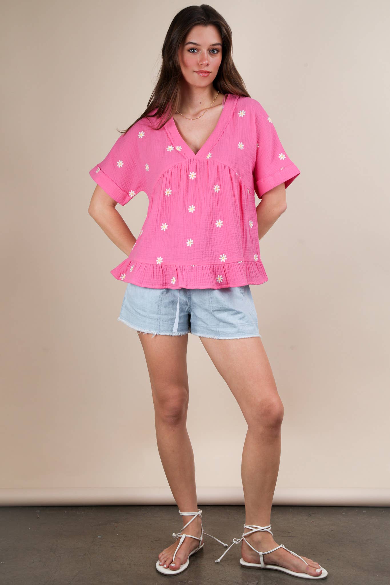 Flower Embroidered Woven Blouse Top