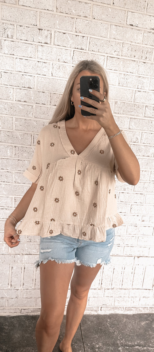 Flower Embroidered Woven Blouse Top