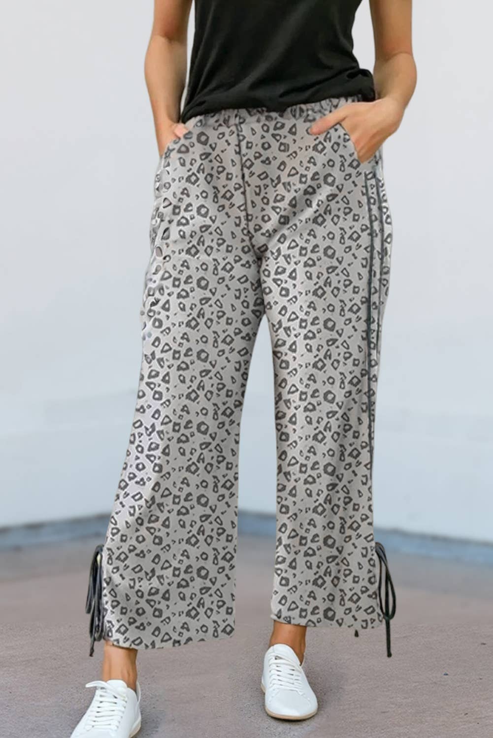 Gray Leopard Print High Rise Knot Side Pants | S-XL