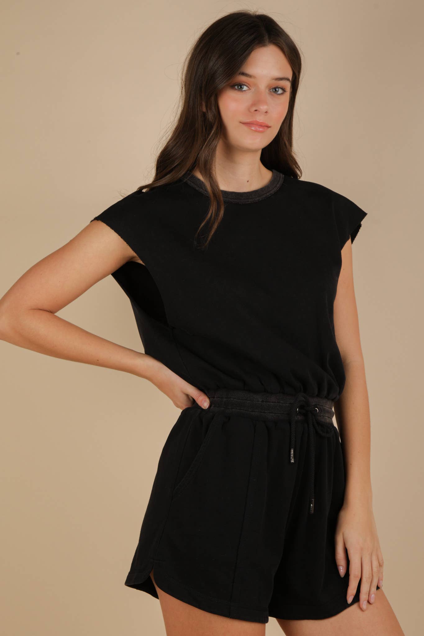Washed Knit Romper w/ Cutout Back