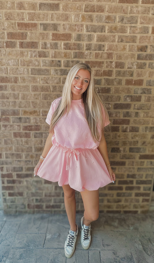 Pink pearl bubble skirt + top