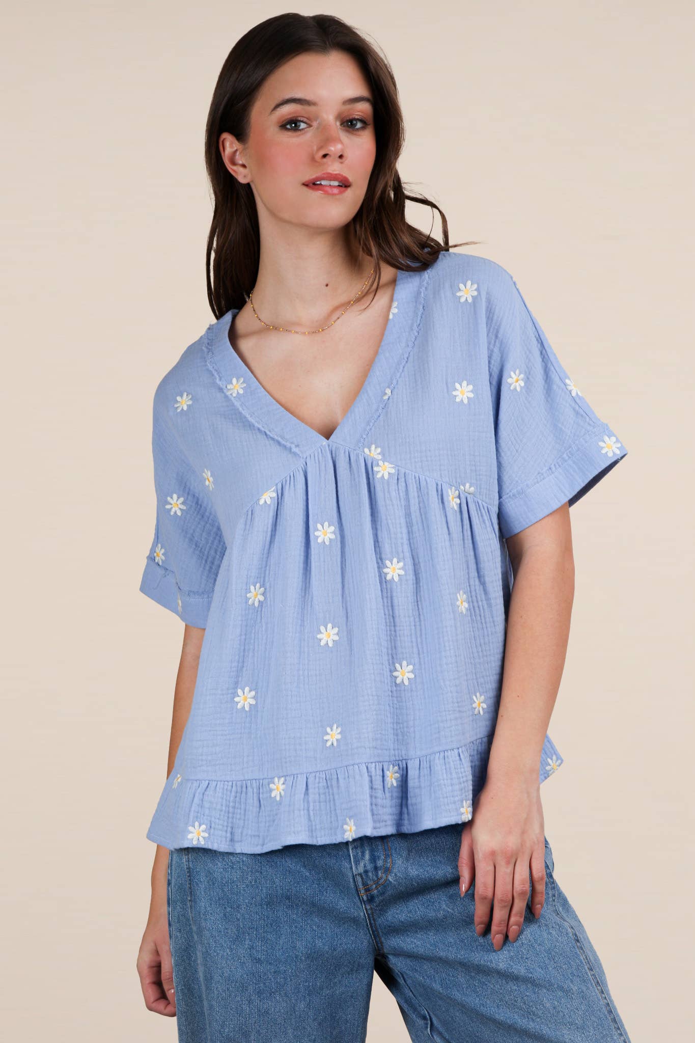 Flower Embroidered Woven Blouse Top