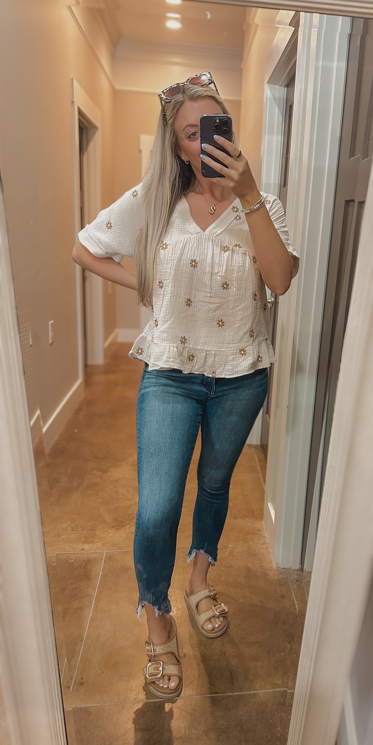 Flower Embroidered Woven Blouse Top