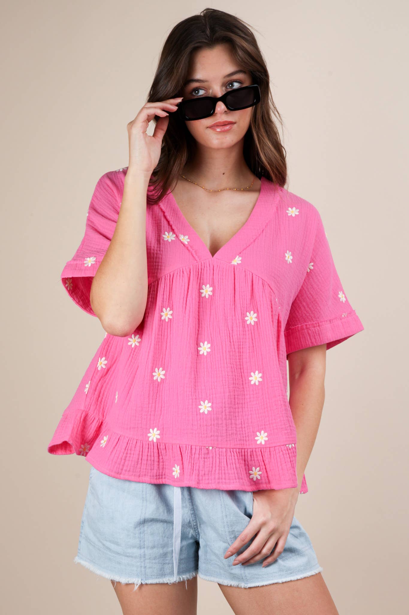 Flower Embroidered Woven Blouse Top