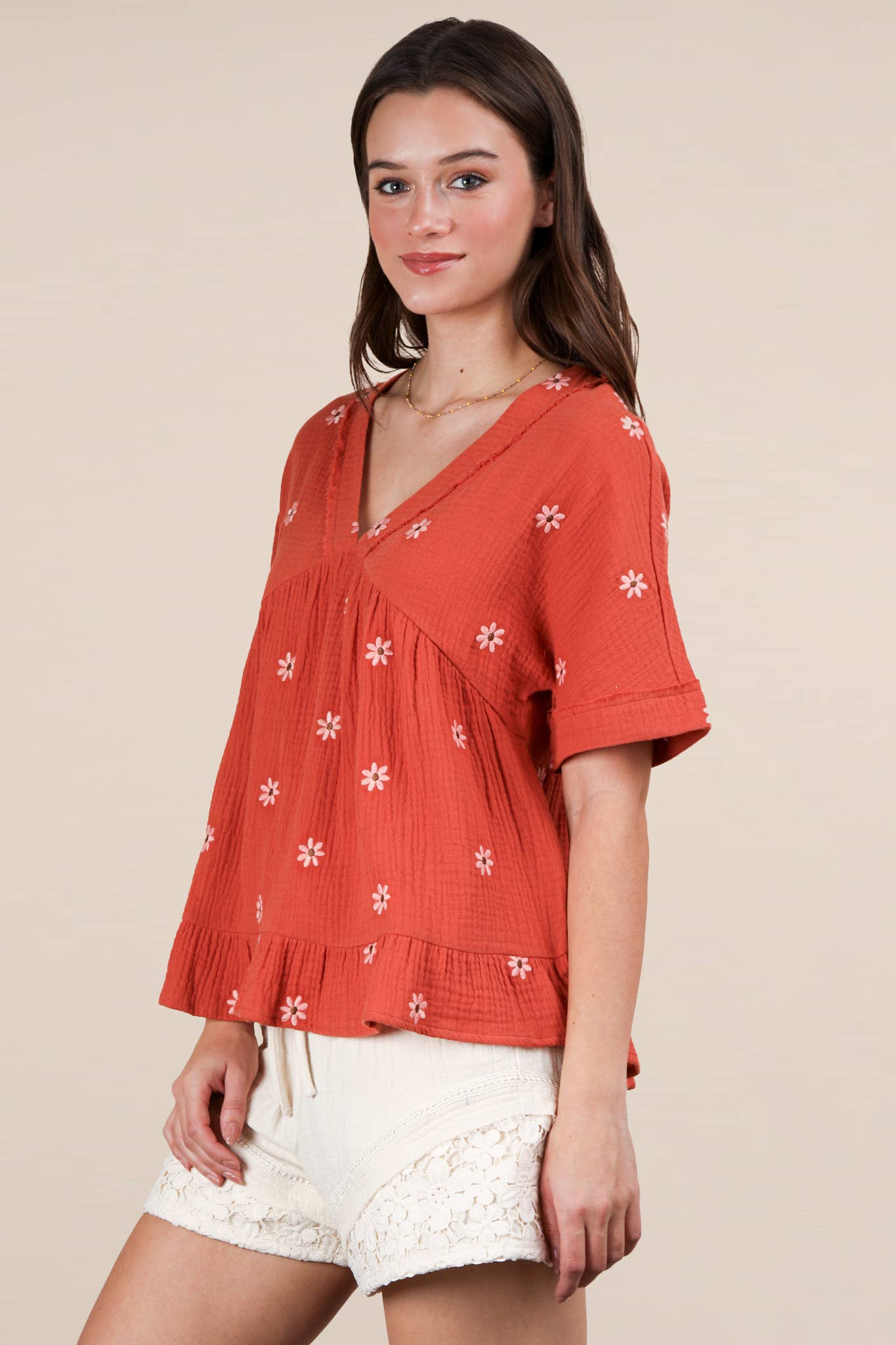 Flower Embroidered Woven Blouse Top