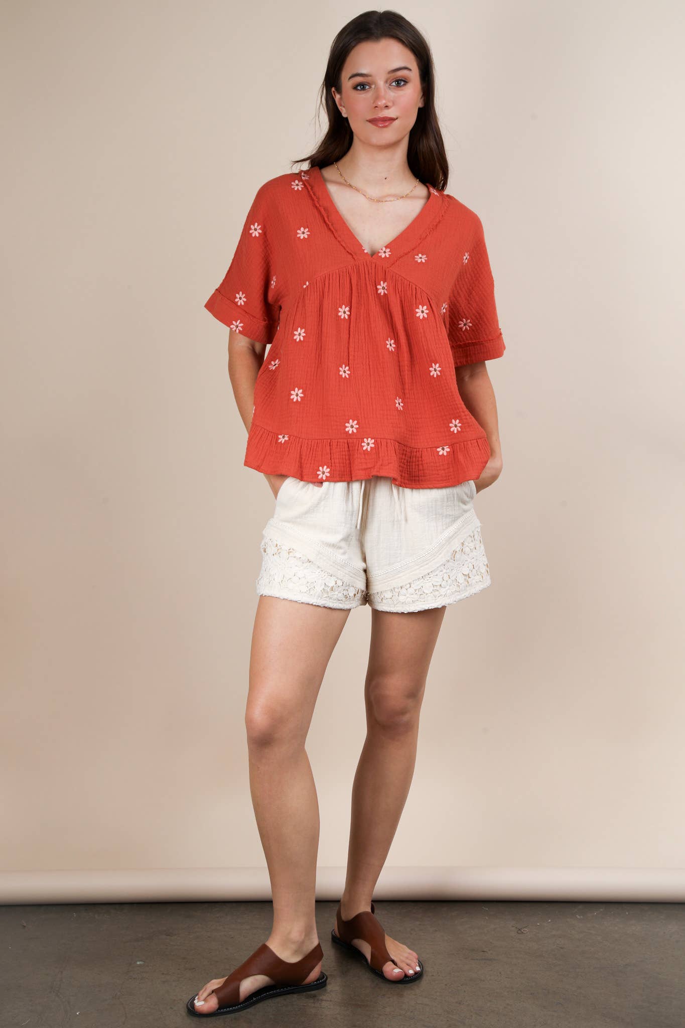 Flower Embroidered Woven Blouse Top