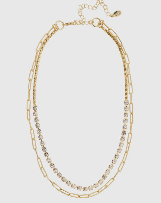 Clear Crystal and 10k Gold Paperclip Chain Layered Necklace