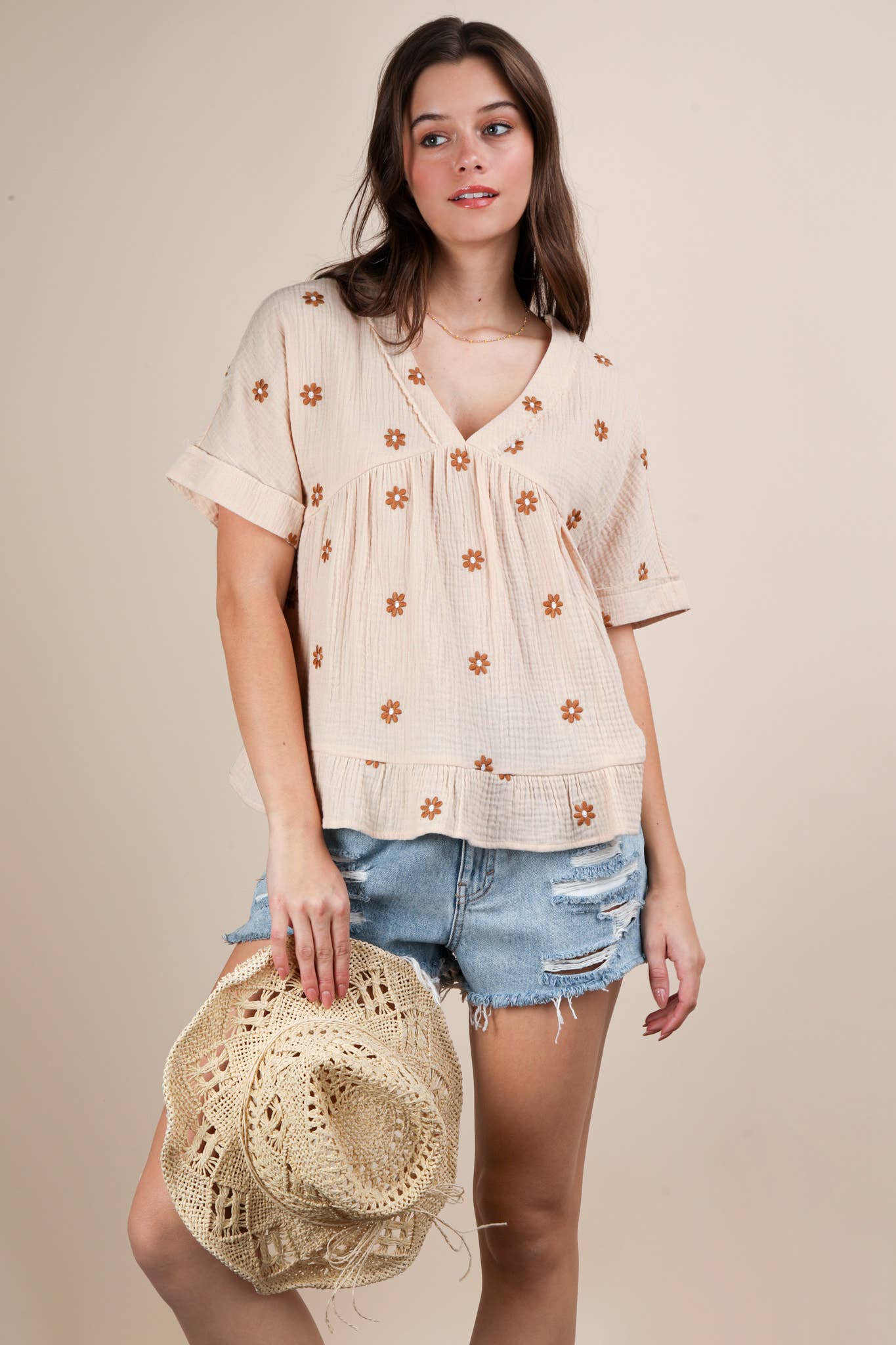 Flower Embroidered Woven Blouse Top