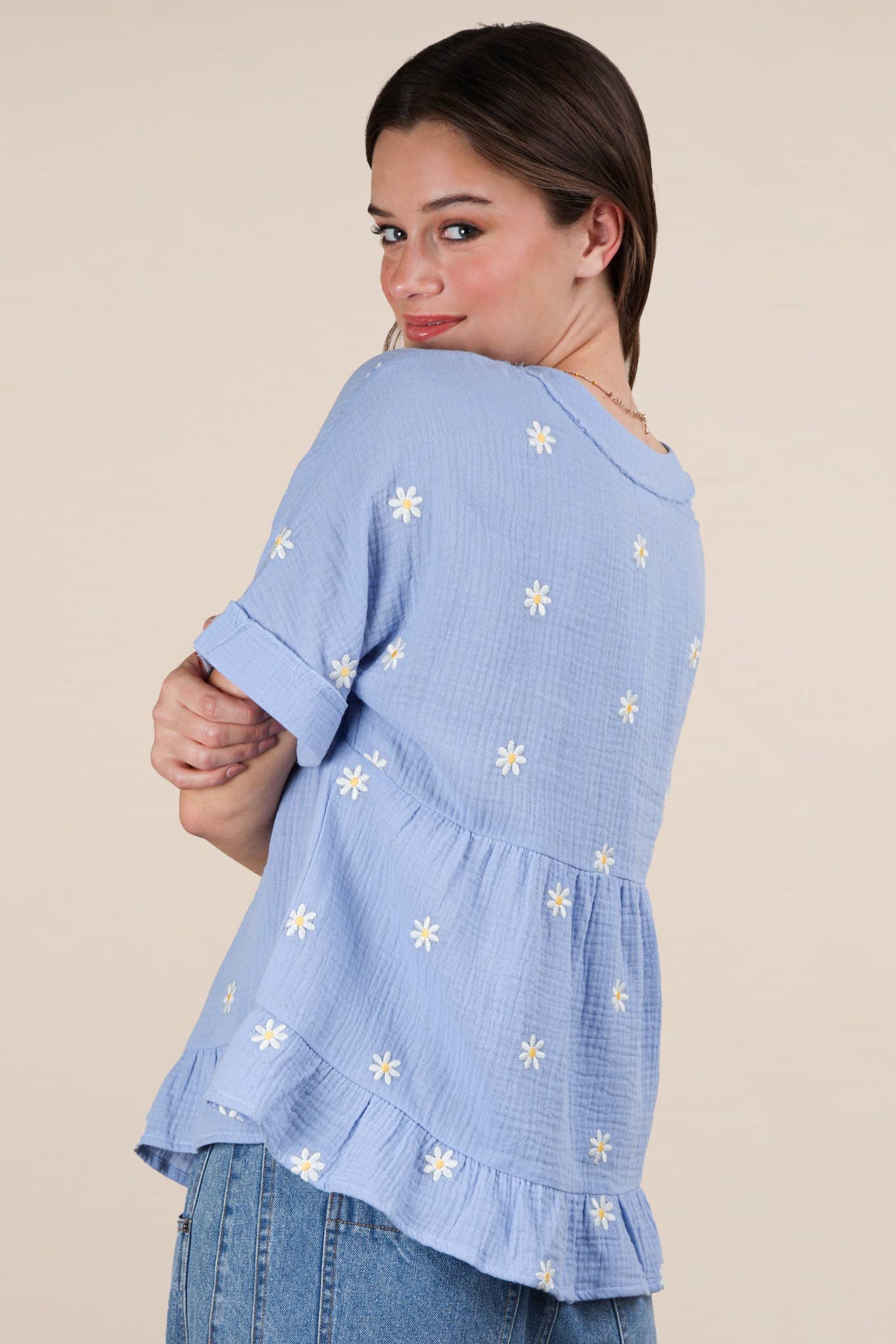 Flower Embroidered Woven Blouse Top