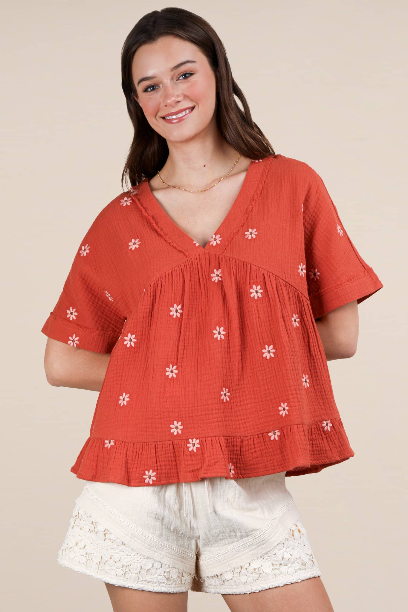 Flower Embroidered Woven Blouse Top